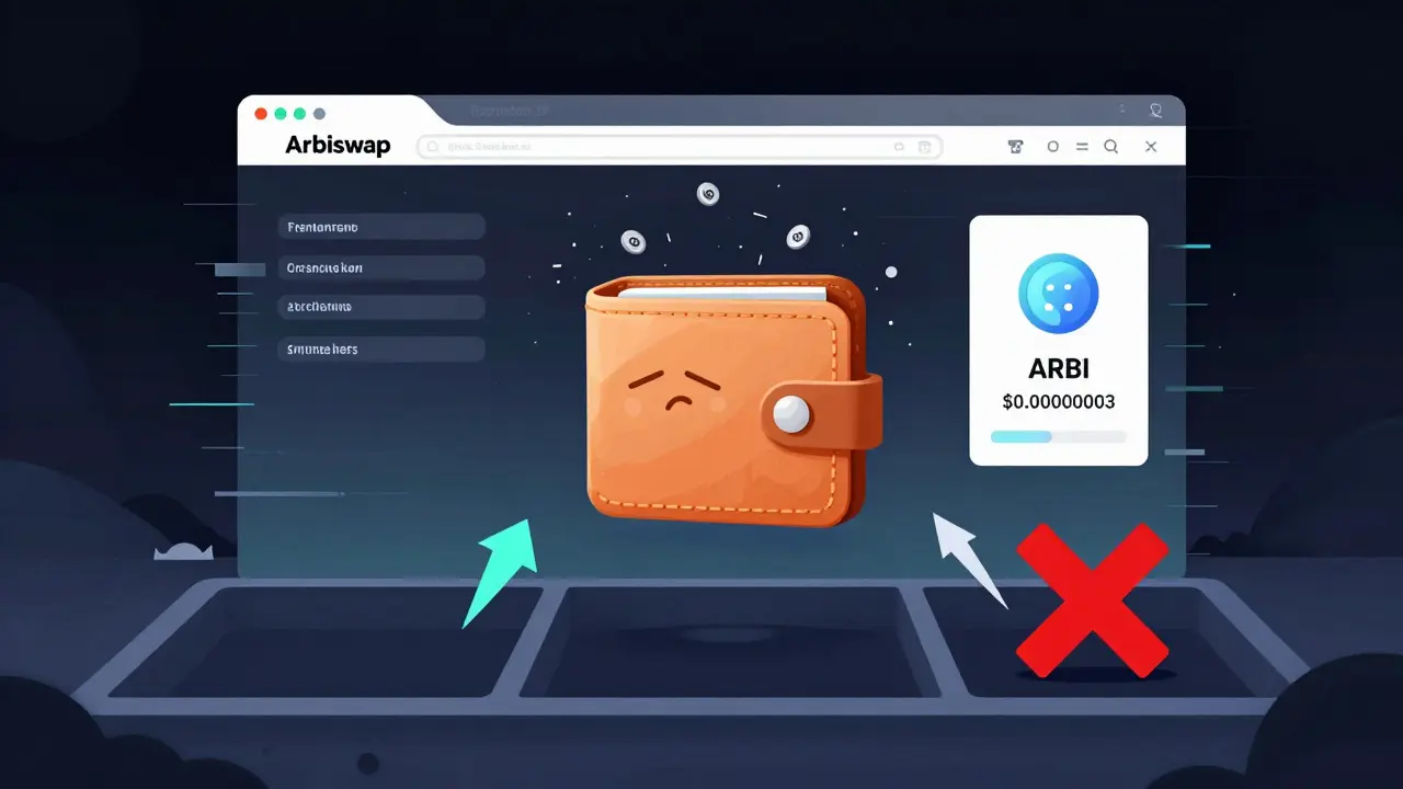A confused wallet in front of a glitching Arbiswap site with zero tokens and a <h2>Why Arbitrum Doesn’t Save It</h2>.00000003 price tag, set in a dark digital void.