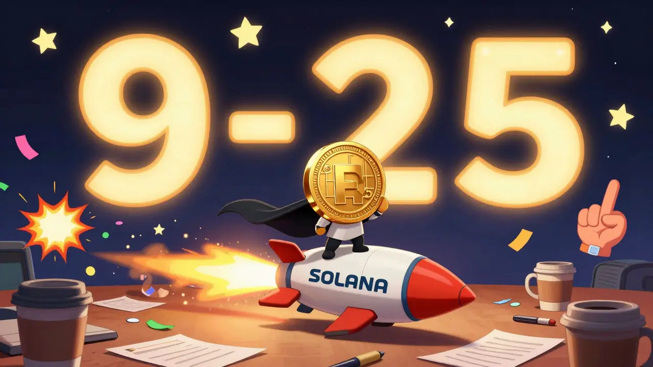A FCK925 token hero riding a Solana rocket away from a desk of resignation letters.