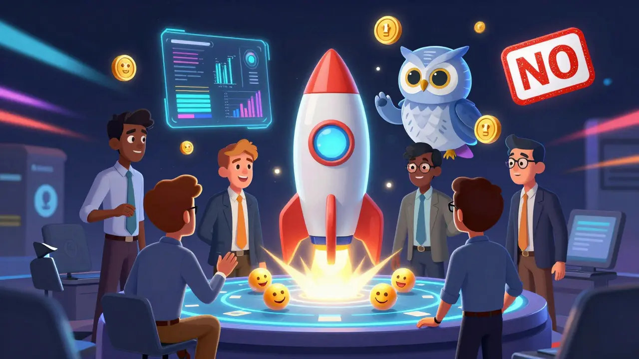 A founder, trader, and investor watch an AI-powered token launch with scam-filtering robot owl.