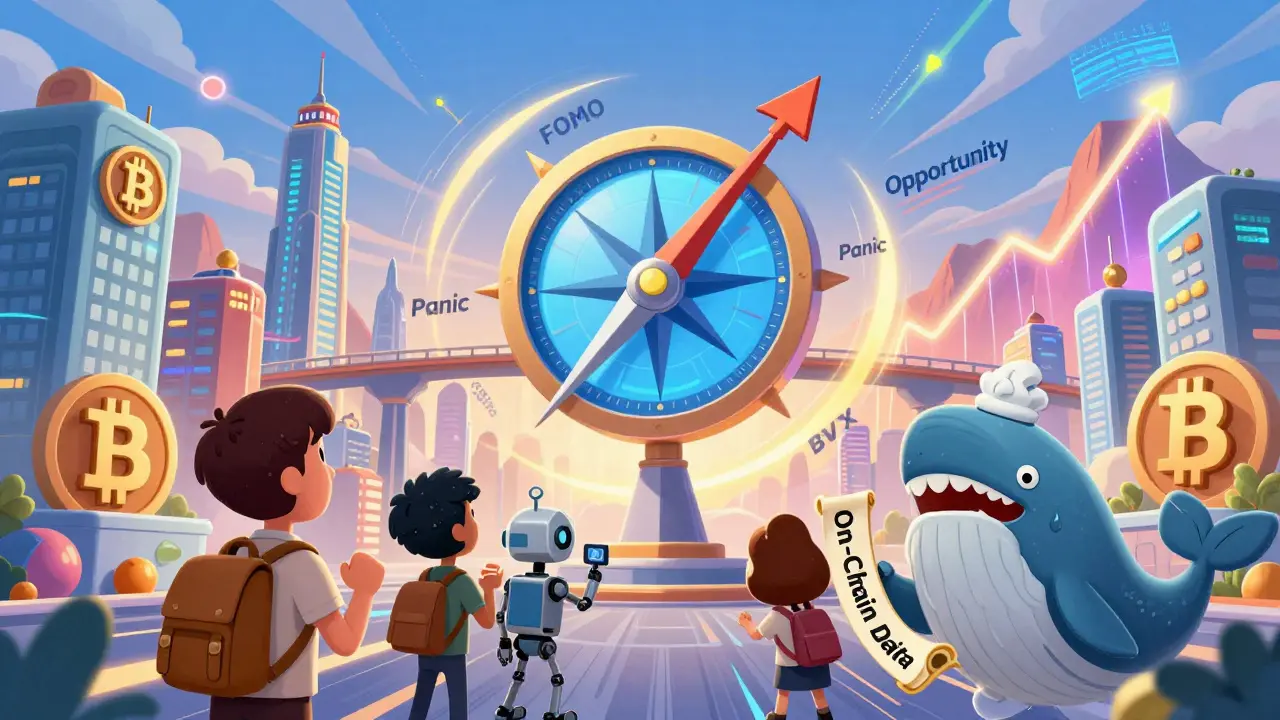 A futuristic crypto city with a spinning BVX compass guiding diverse investors through market emotions.