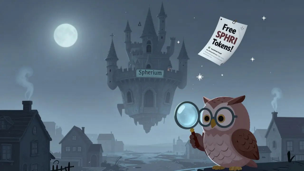 A ghostly Spherium castle floats above an empty town, with a faded flyer drifting down under a moonlit sky.