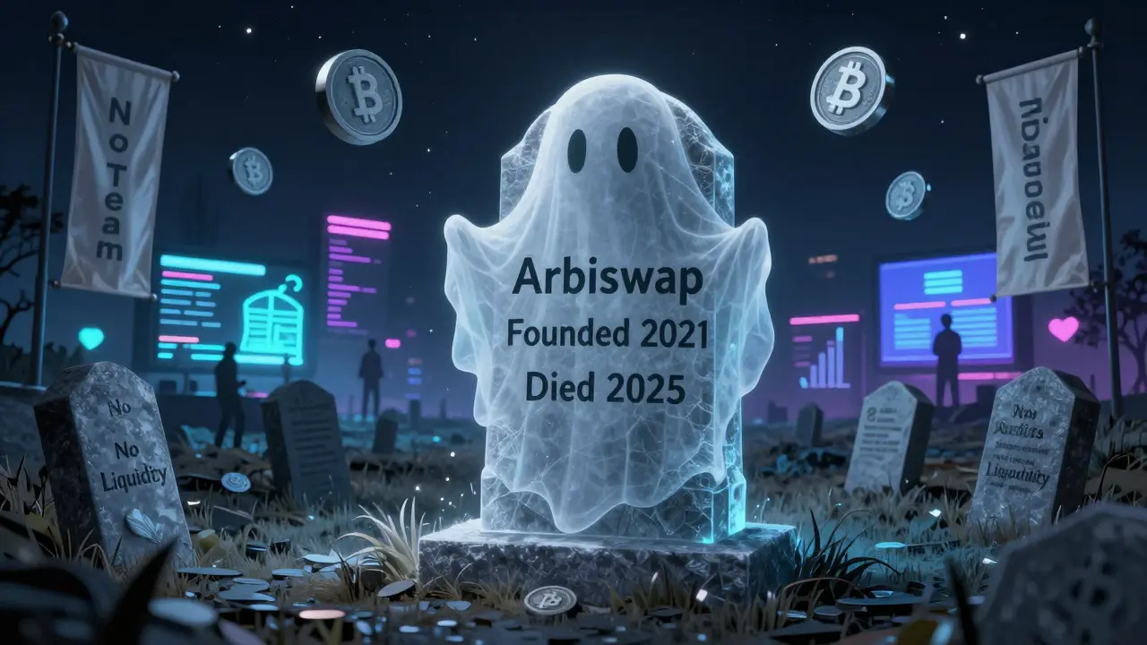 A ghostly tombstone for Arbiswap in a crypto graveyard, with faded banners and thriving DEXs glowing in the distance.