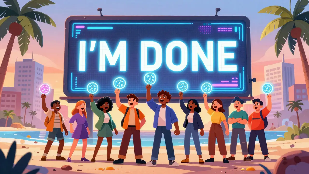 A group holding FCK925 tokens as office buildings melt into a beach sunset.