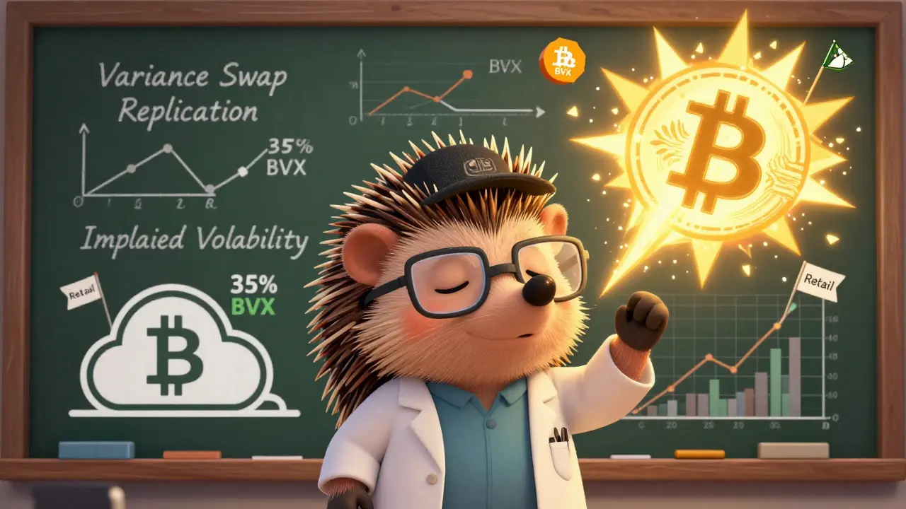 A hedgehog scientist studies Bitcoin volatility on a chalkboard, contrasting calm and chaotic market states.