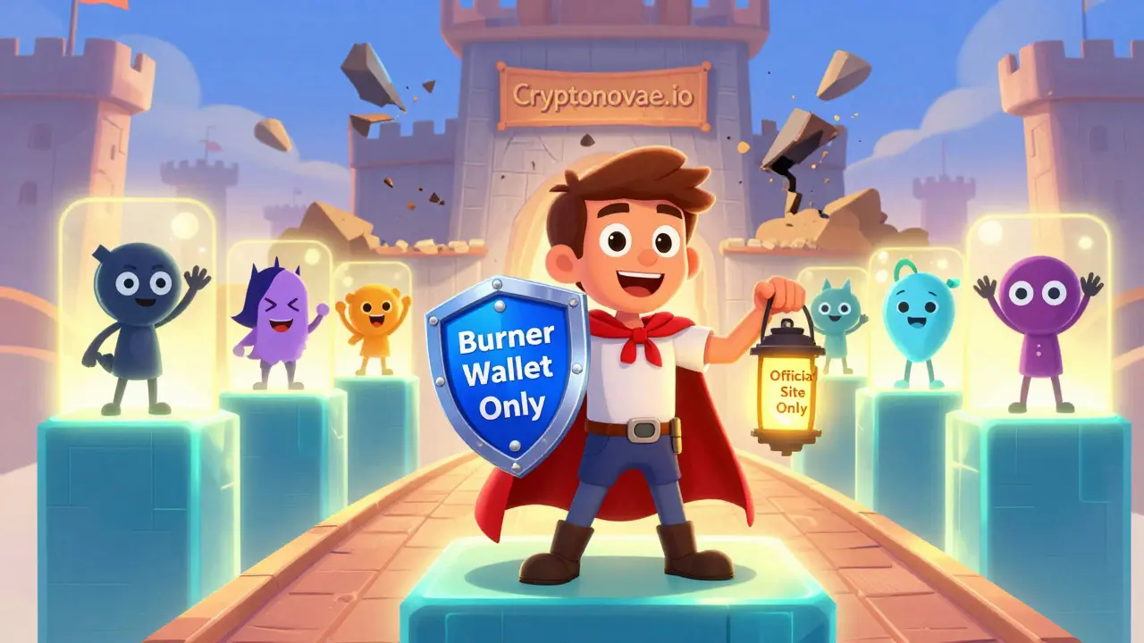 A hero in a Solana cape stands on a blockchain bridge, defending against a collapsing fake website.