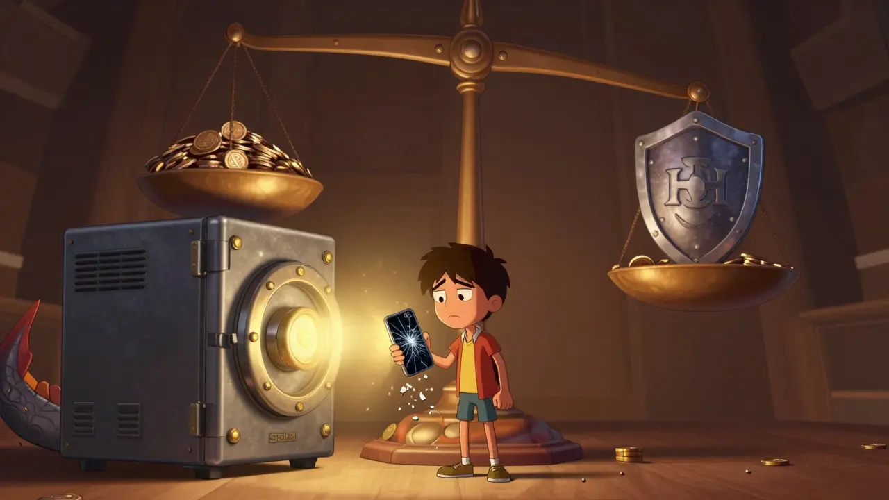 A person stands beside a majestic HSM dragon vault as their vulnerable smartphone wallet turns to digital dust.