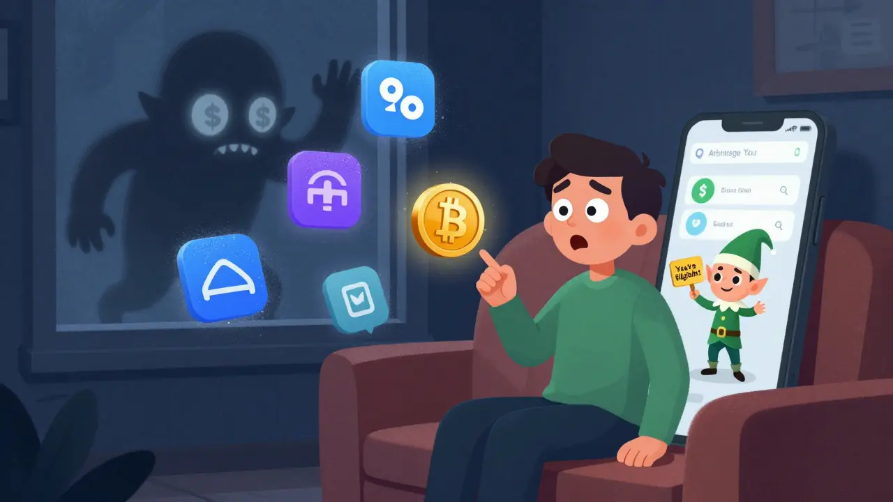 A person stares in surprise as a CWT token floats from their phone, while unused crypto features gather dust around them.