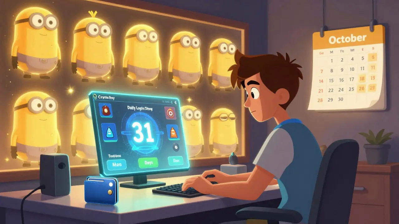 A player with a connected wallet and glowing Bayling collection, daily login streak at 31 days, surrounded by upgrade tiers of NFT characters.