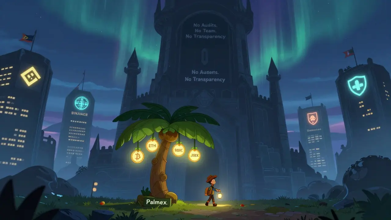 A small glowing palm tree with seven crypto tokens stands before a dark fortress labeled 'No Transparency.'