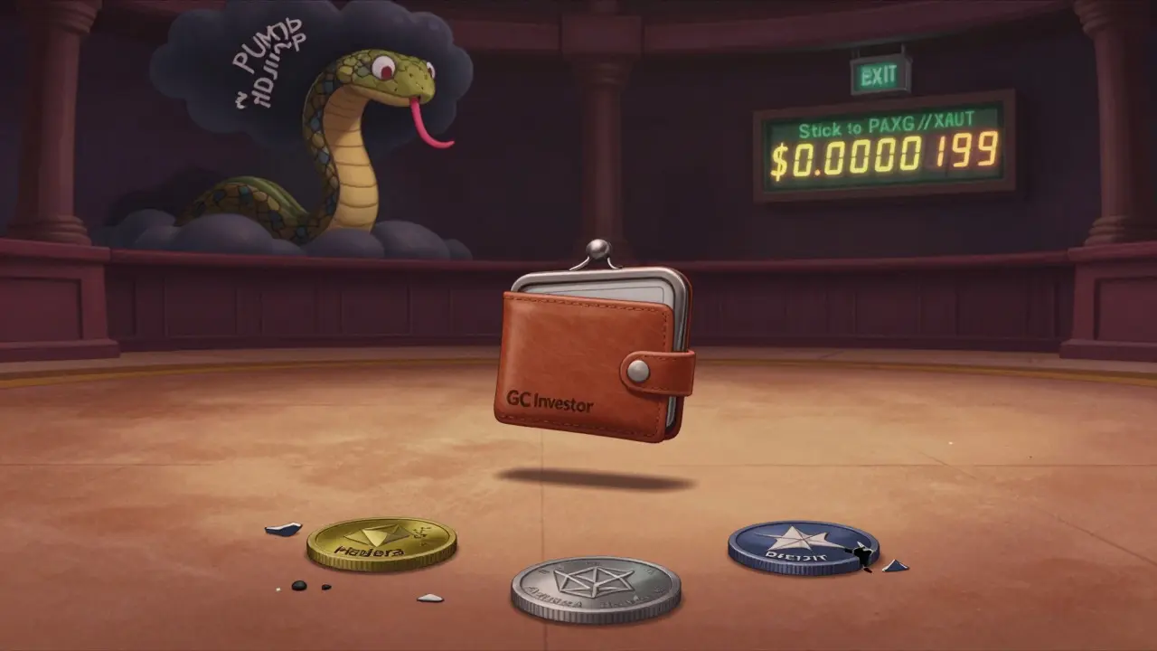 A tiny wallet floating alone in an empty trading arena with a flickering GC price and a 'PUMP &amp; DUMP' cloud above.