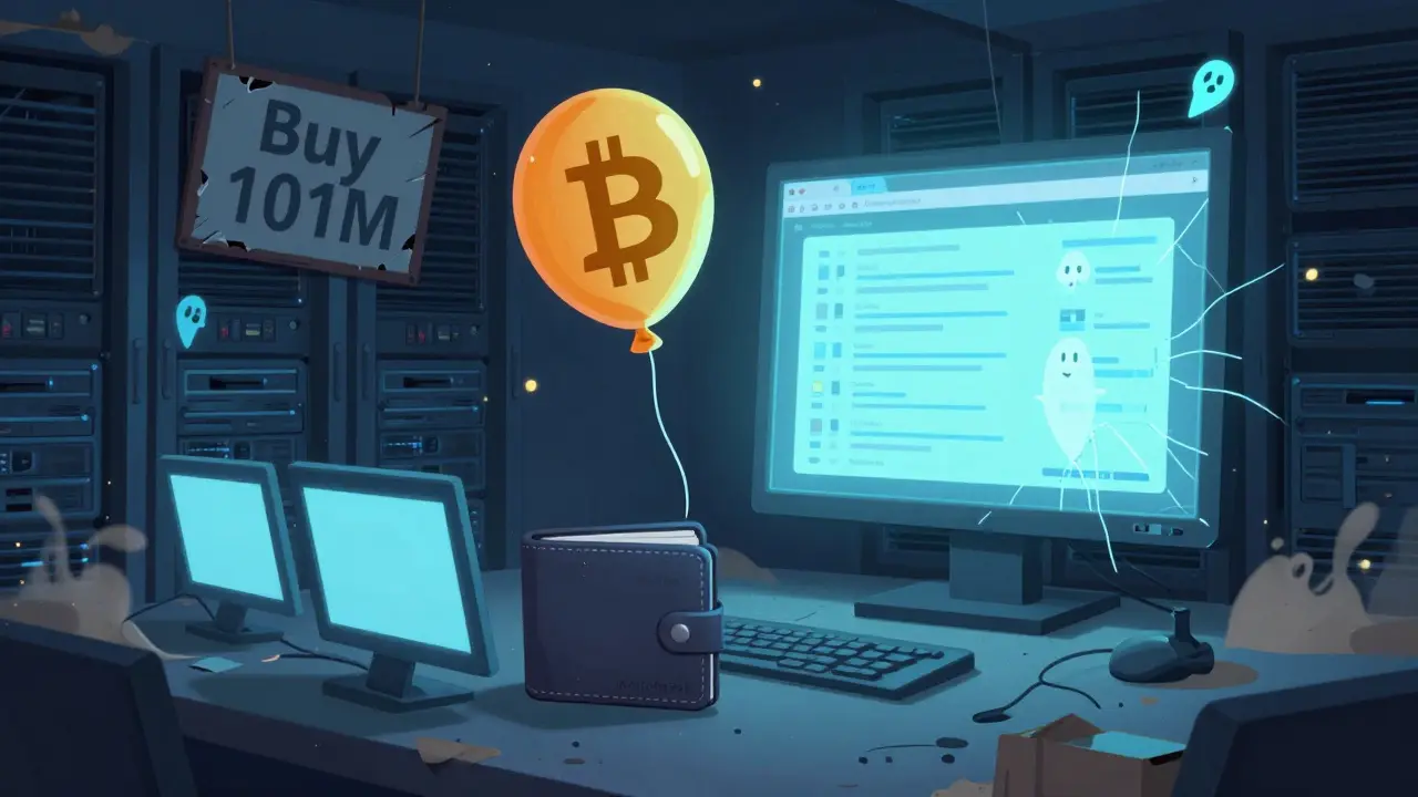 An abandoned crypto hub with broken signs and flickering transaction logs.