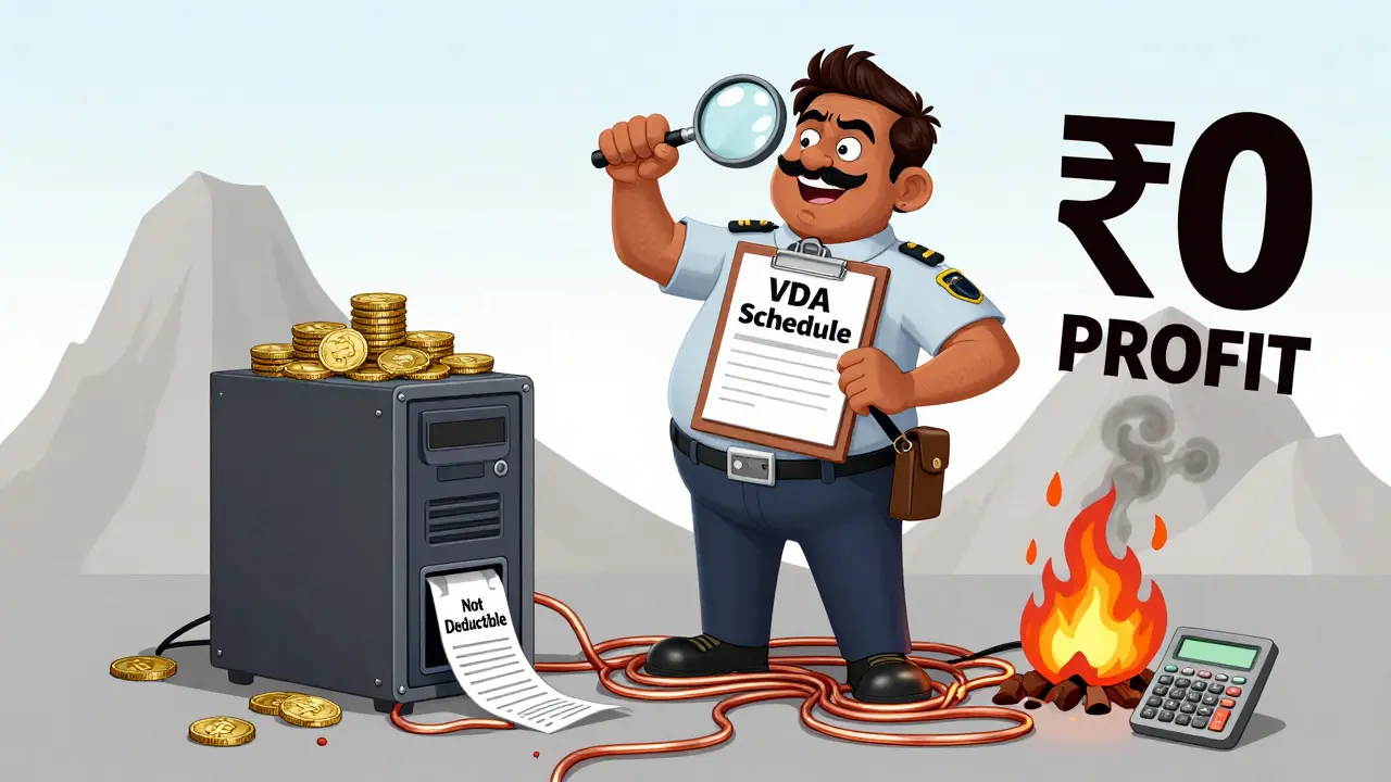 An oversized tax auditor stands on crypto coins while a miner's rig melts, with burning receipts labeled 'Not Deductible'.