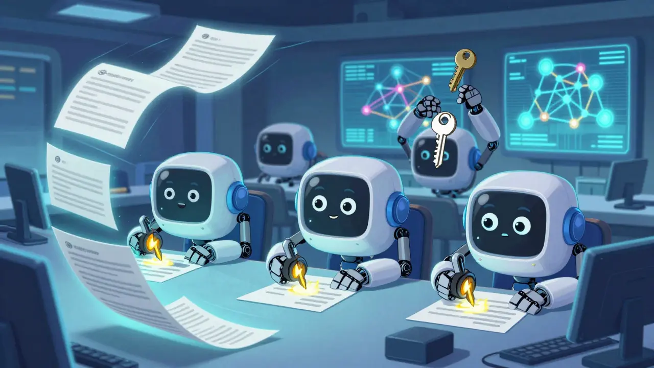 Anthropomorphic HSM devices sign crypto transactions with glowing logs swirling around them in a high-tech room.