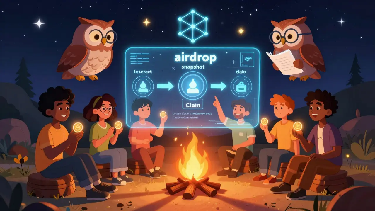 Crypto users gather around a campfire as a wise owl shows the real airdrop process in the sky.