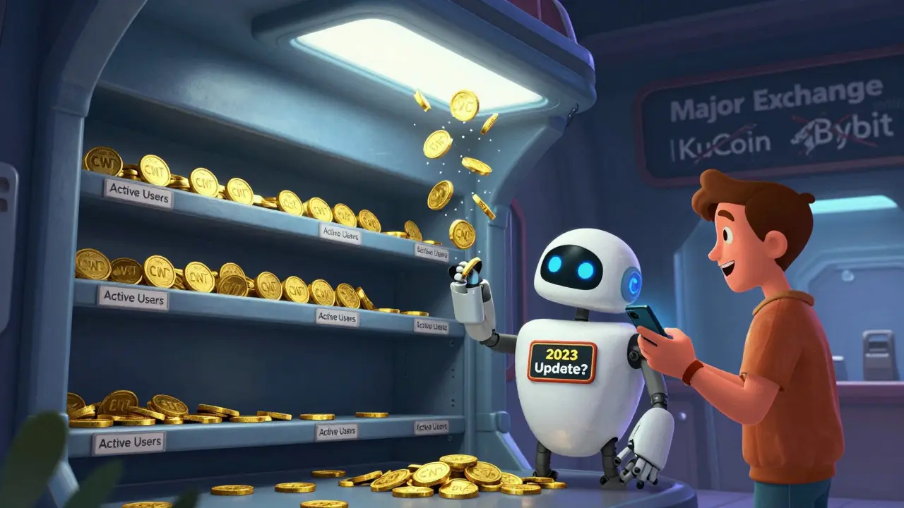 CWT tokens rain down in a wallet garage, with one shelf full and another empty, under a faded 'Major Exchange' sign.