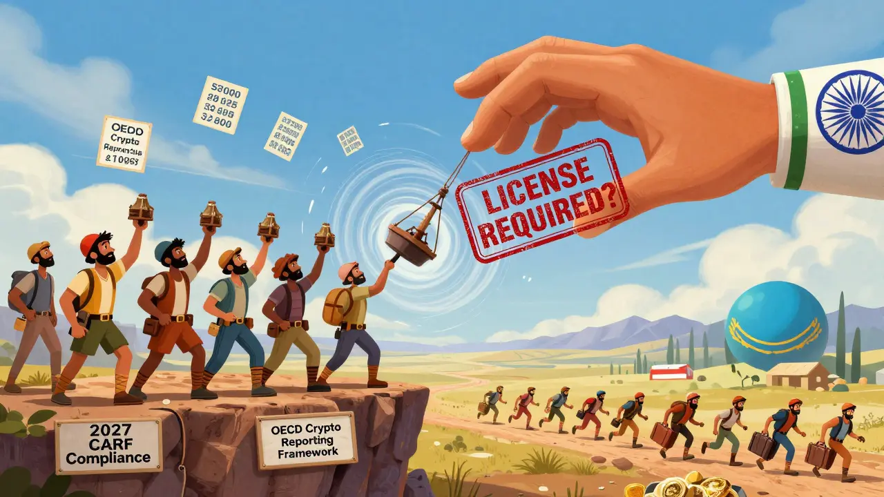 Miners throw rigs into a vortex labeled 'OECD Crypto Reporting Framework' as a giant government stamp looms above.