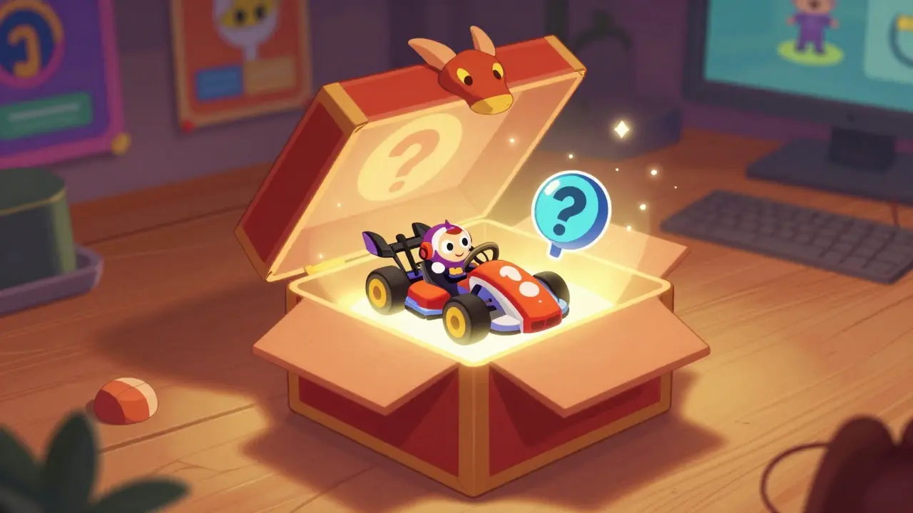 Mystery box opening with kart and character NFT assets emerging