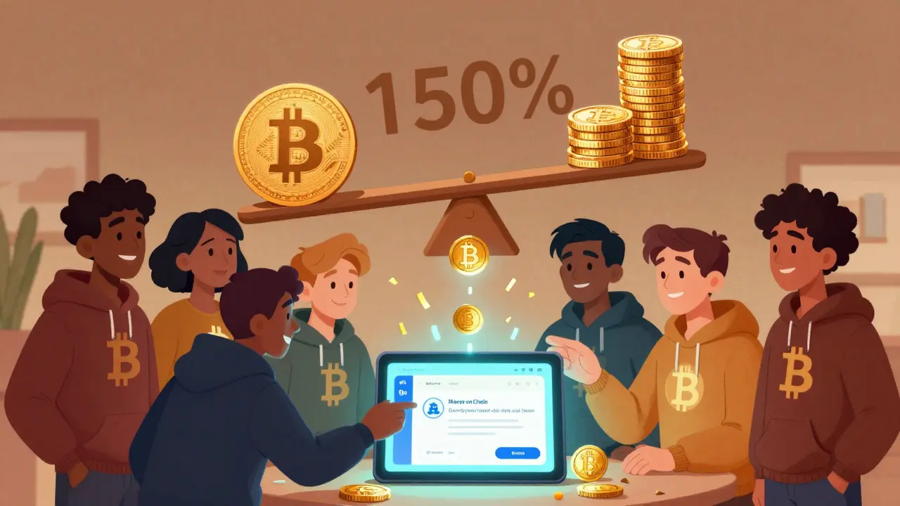 People using a tablet to mint DOC tokens, with a balanced scale showing 150% collateral in a vibrant, cartoonish DeFi scene.