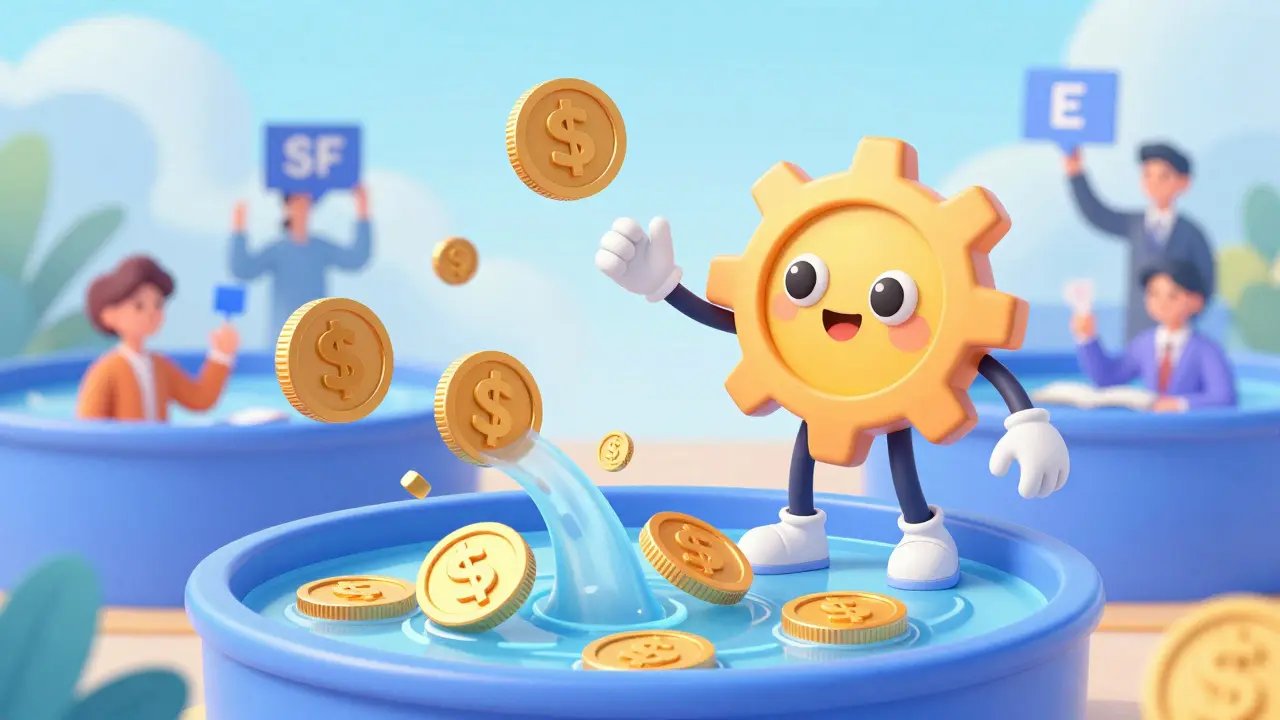 SPF token gear reduces fees and governs liquidity pools in a colorful marketplace