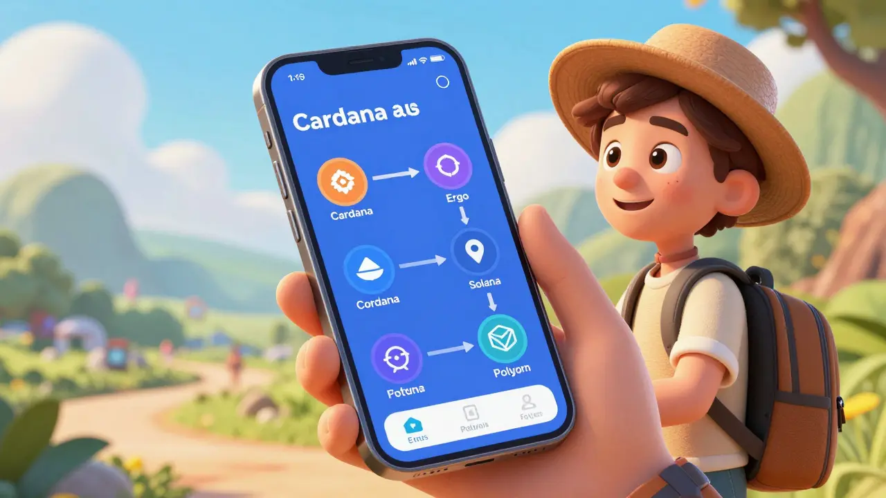 Traveler using mobile app to trade Cardano and Ergo with future chains visible