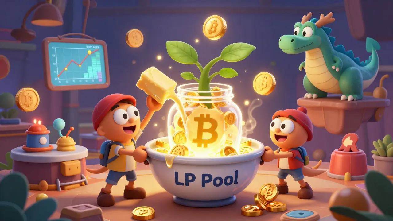 Two characters interacting with liquidity and staking pools in a whimsical DeFi kitchen with floating charts.