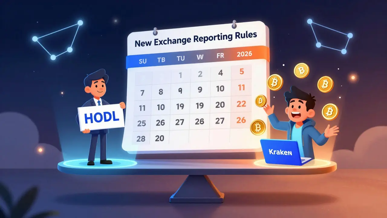 A balance scale comparing long-term crypto investor vs. day trader under changing tax rules
