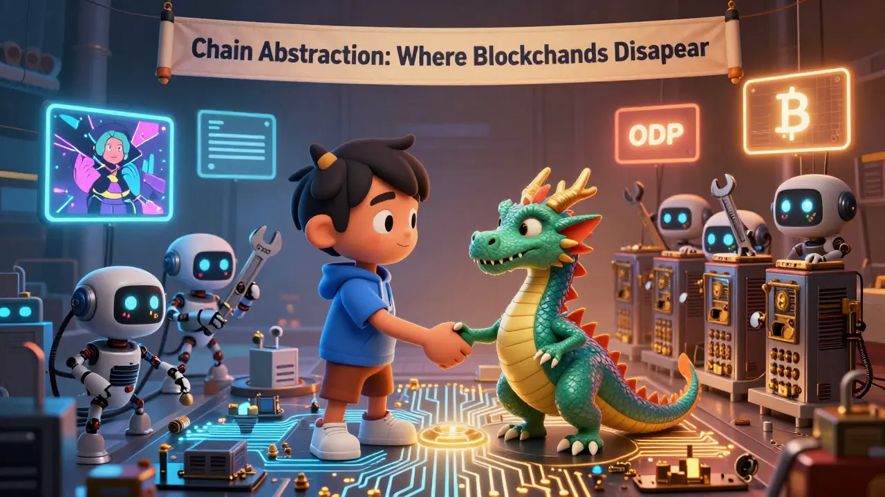 A CryptoPunk and Bitcoin dragon shake hands as robot engineers fix cross-chain NFT problems.