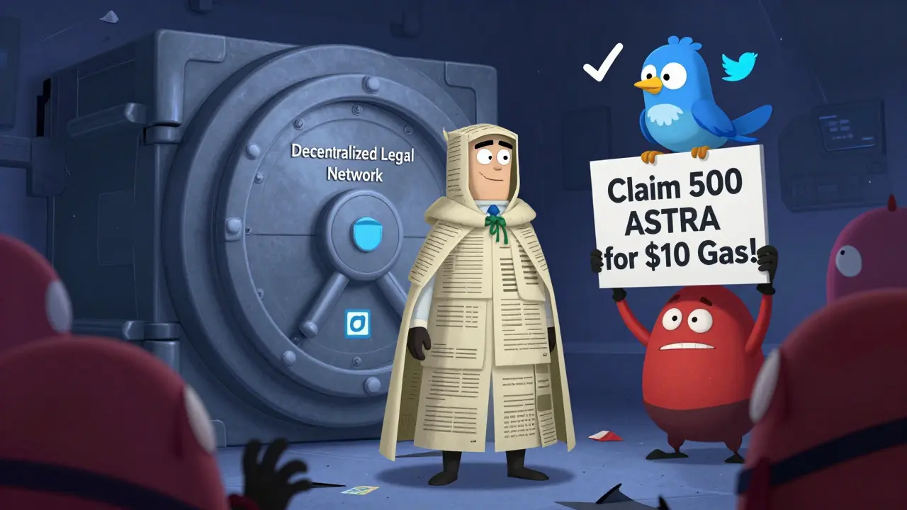 A digital notary protects a legal vault from scam websites mimicking CoinMarketCap, with a verified bird watching.