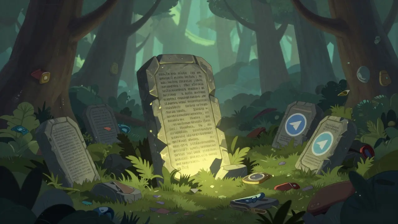 A forgotten blockchain forest with crumbling transaction stones and broken crypto icons at dawn.