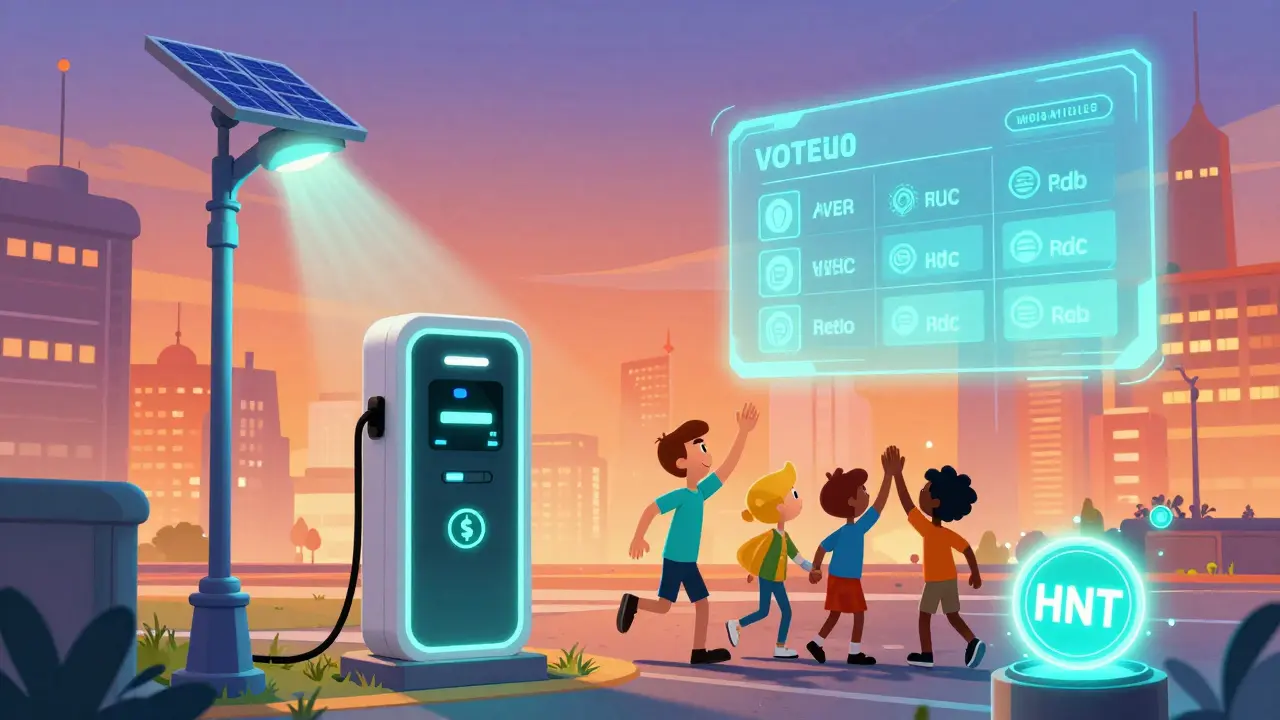 A futuristic city uses DePIN infrastructure, with glowing solar lights and floating vote meters.