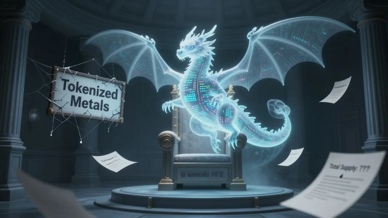 A ghostly code dragon hovers over an empty eMetals throne room with scattered blank documents.