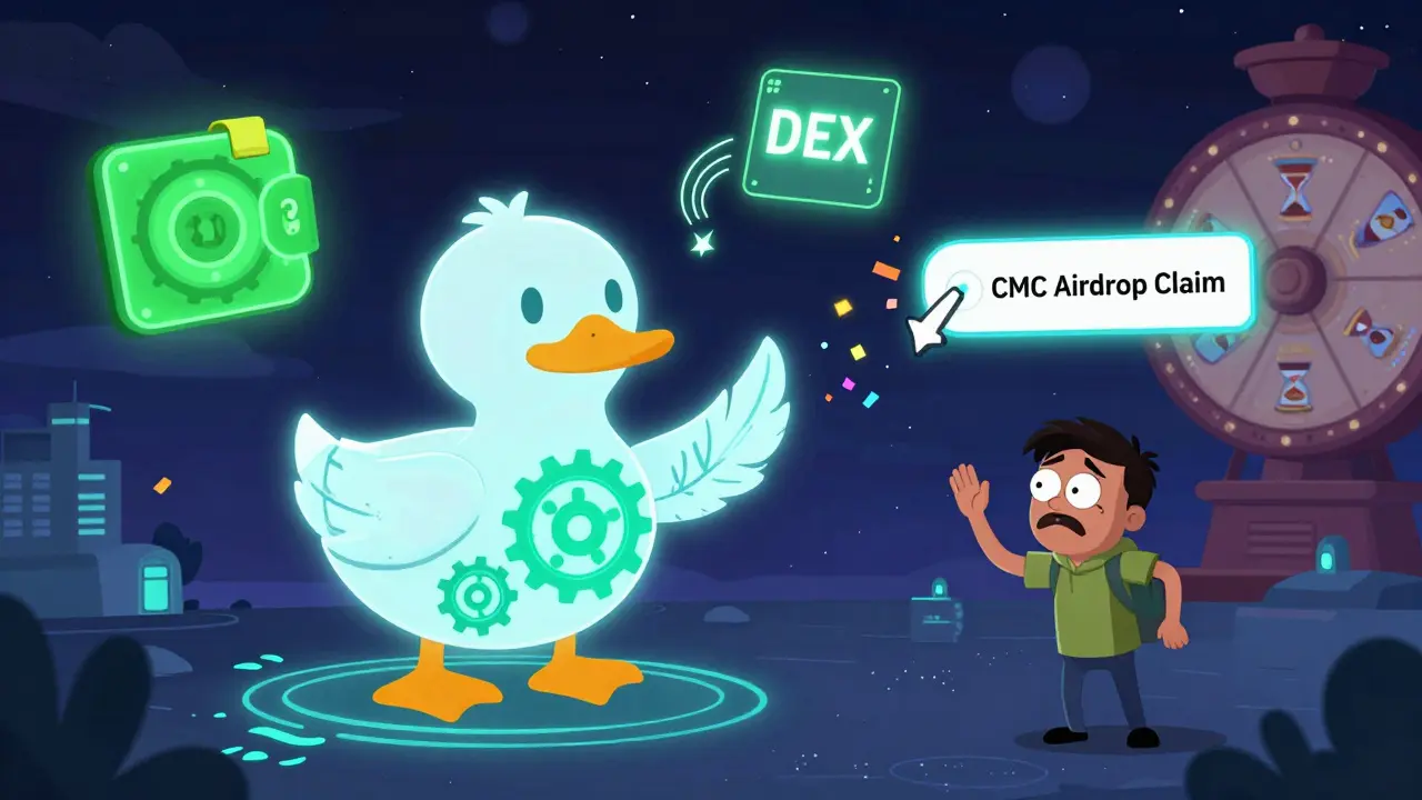 A glowing smart contract scans wallets in a digital world, rewarding holders while fake CMC claims explode.