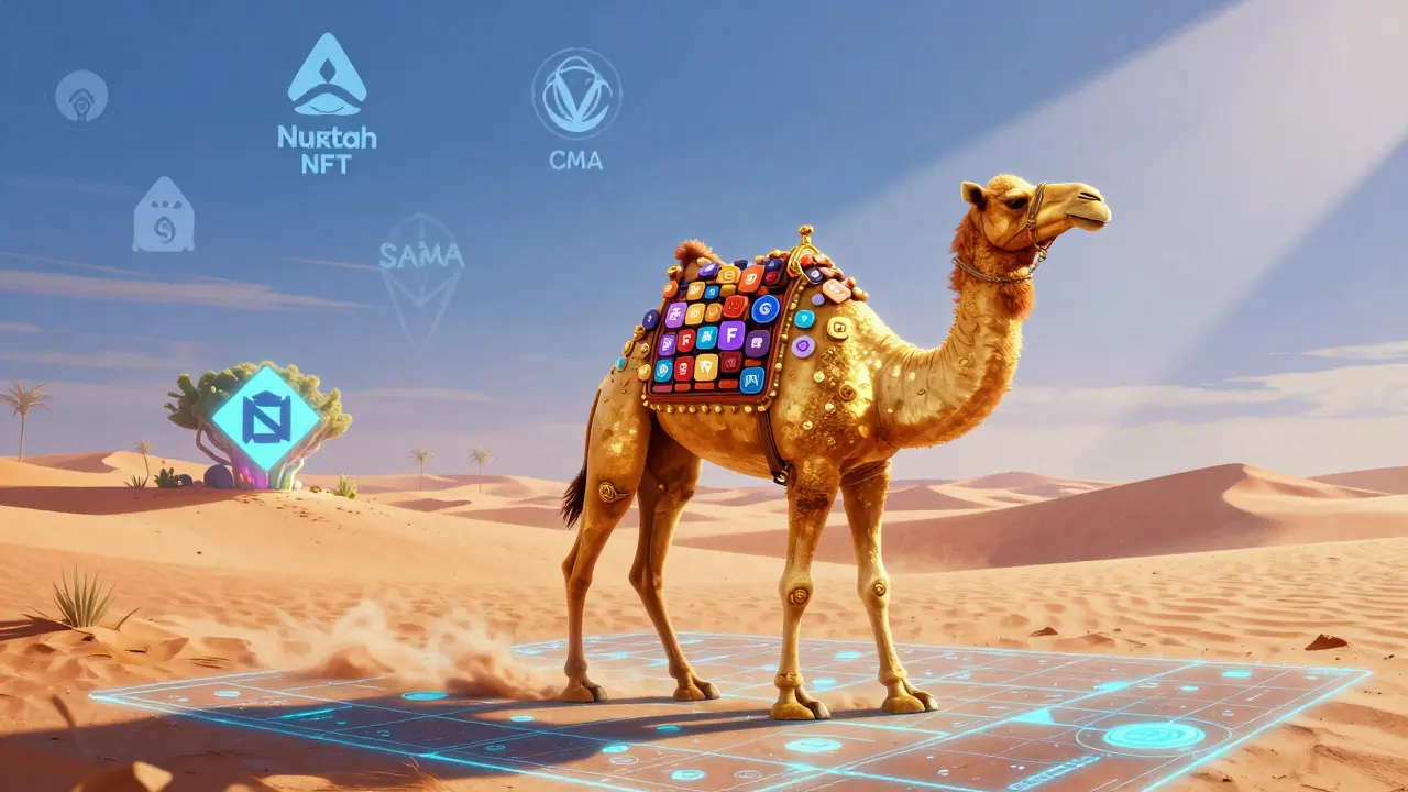 A golden camel carrying NFTs across a desert turned into a glowing blockchain, with the Nuqtah platform shimmering in the distance.