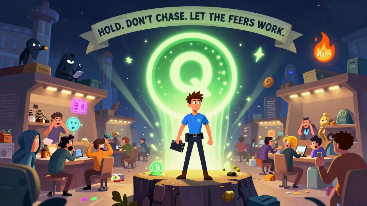 A hero holds a wallet on a cliff as passive QUACK rewards flow to holders, ignoring chaotic crypto scams.