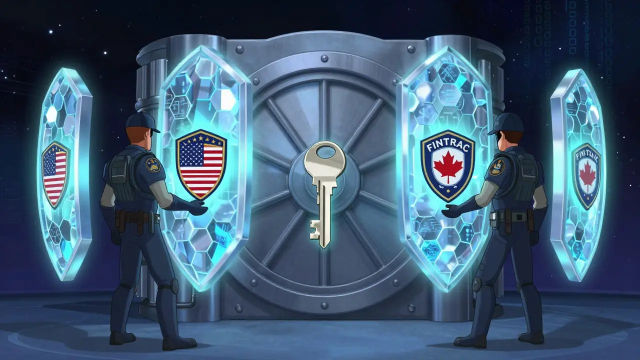 A high-tech vault with rotating quantum encryption shields guarded by regulatory figures.