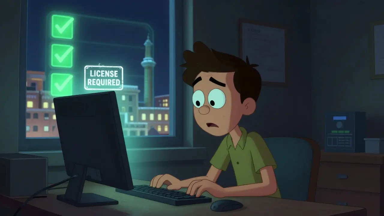 A lone miner stares at a glowing 'LICENSE REQUIRED' stamp, while a regulatory sandbox glows in the distance, symbolizing legal compliance in Jordan.