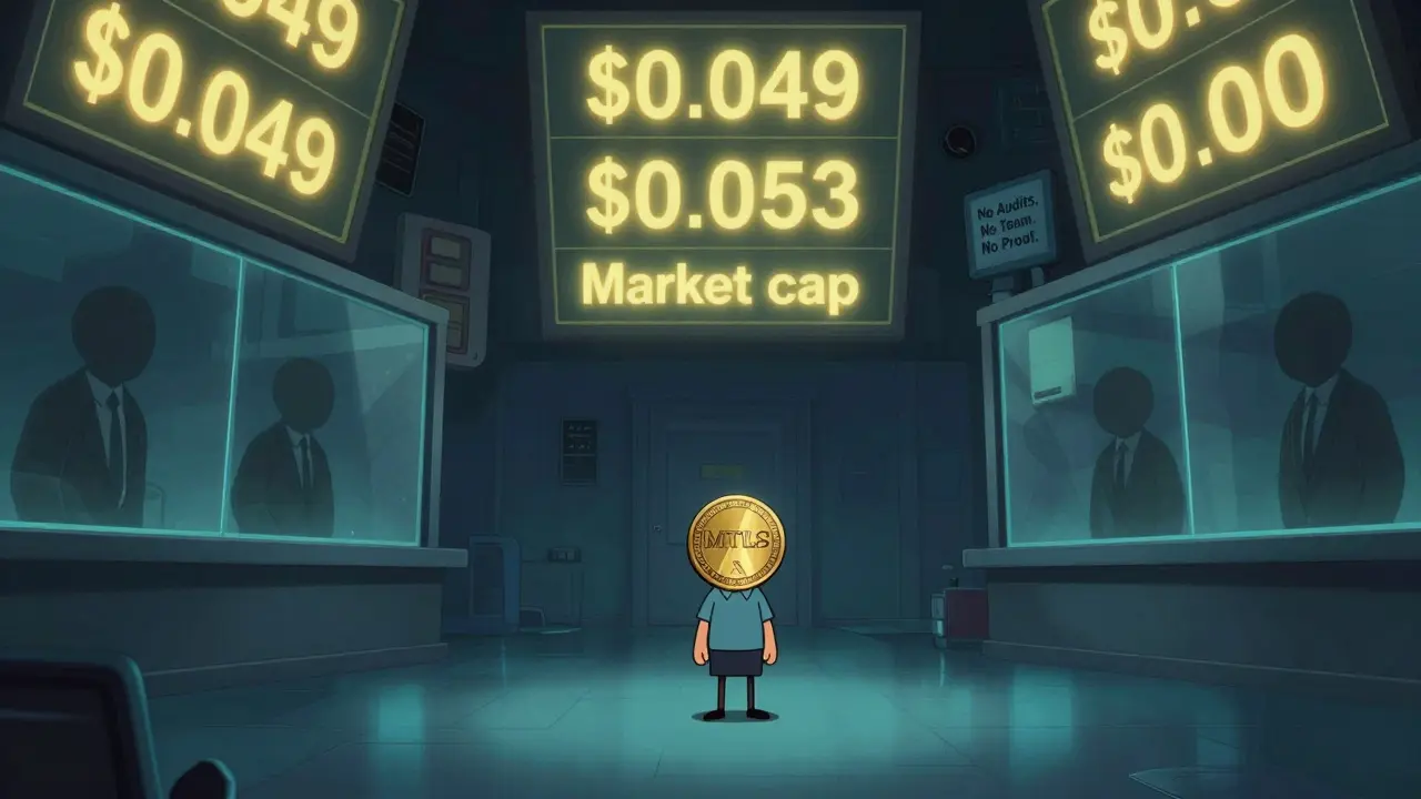 A lone trader holds an MTLS coin as conflicting prices glow on screens behind shadowy figures.