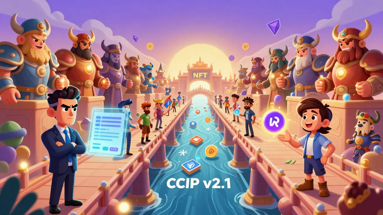 A massive bridge labeled CCIP connects NFT marketplaces, with institutional investors and artists exchanging assets.