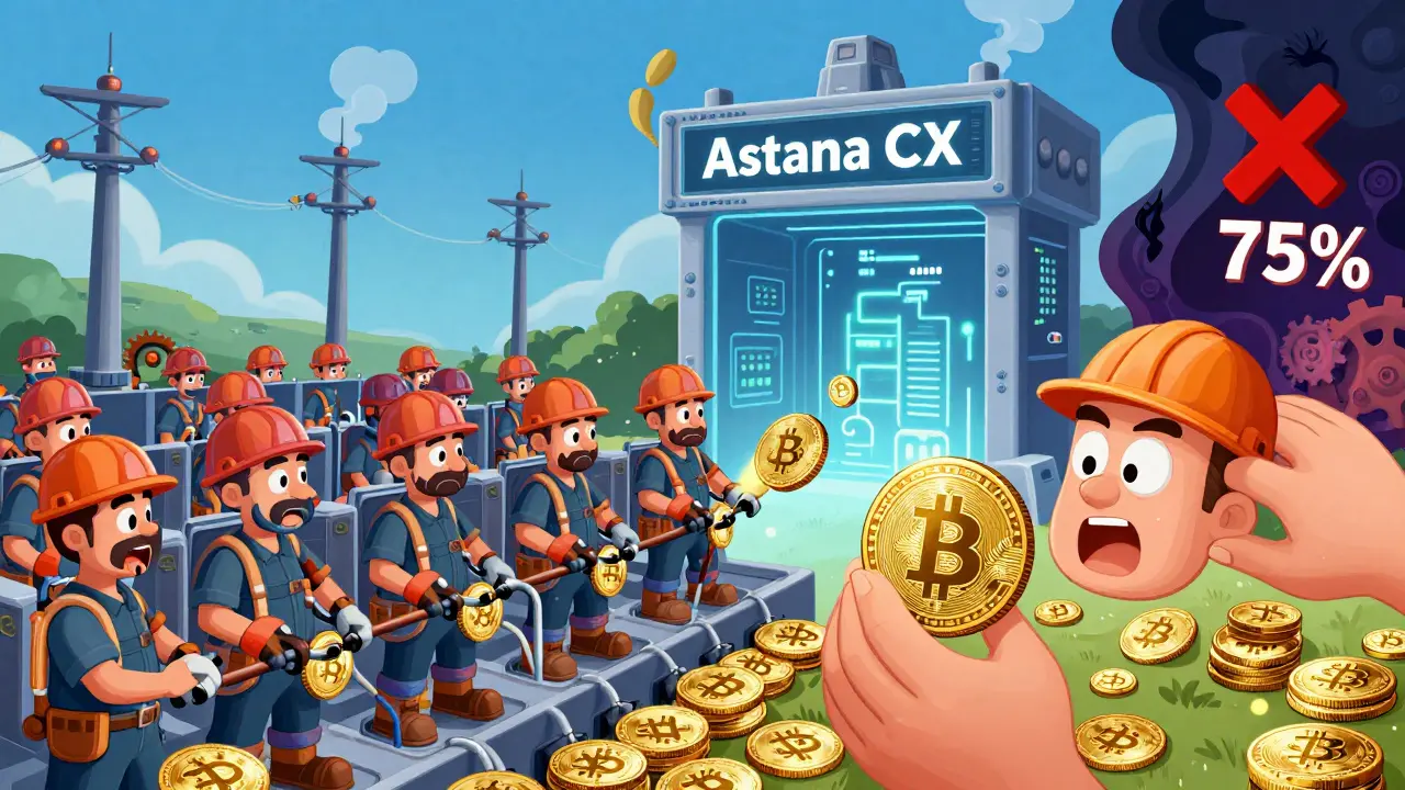 A miner's rigs feed Bitcoin into an AIFC exchange, with 75% of coins being pulled away by invisible forces.