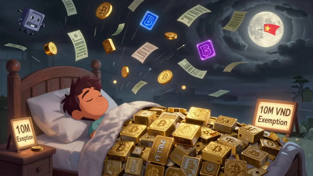 A peaceful crypto holder sleeps under Bitcoin blocks while a storm of trades and taxes swirls above, with a glowing '10M VND Exemption' sign nearby.