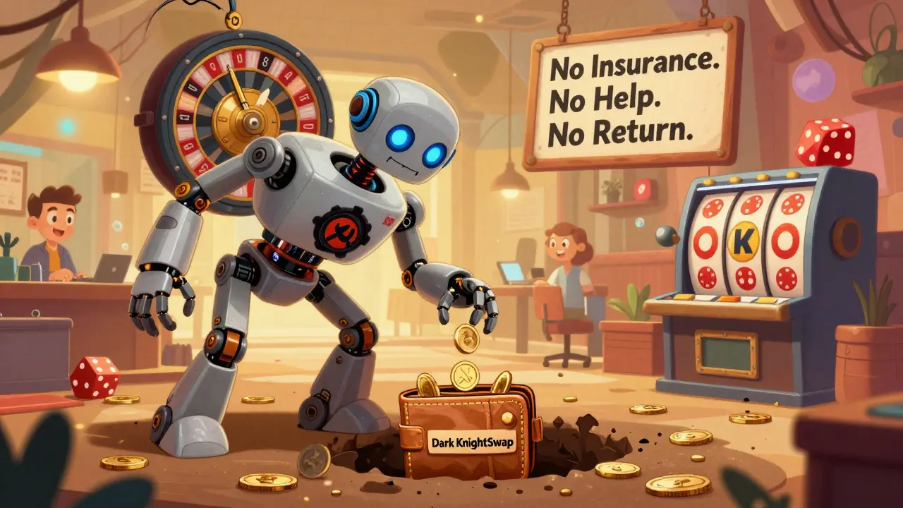 A sinister robot made of smart contracts and gambling symbols draining a wallet into a bottomless pit.