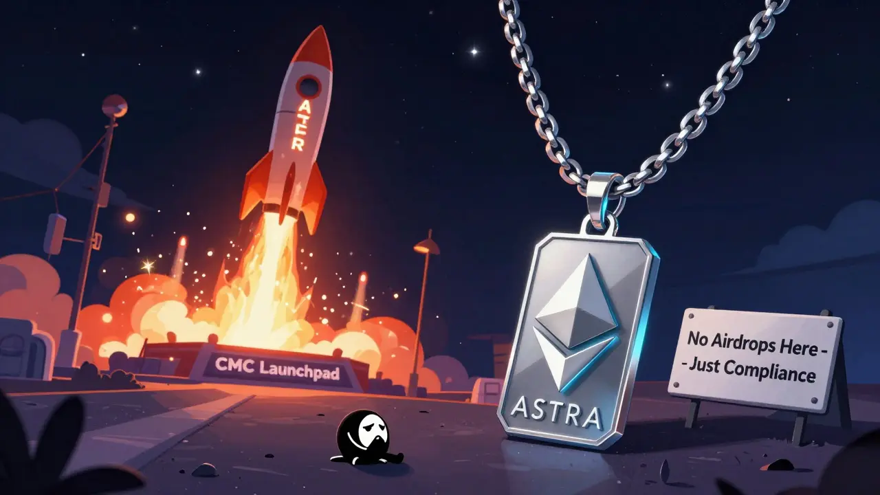 A small ASTRA token pendant hangs sadly while a fiery ASTERO rocket launches from CMC Launchpad into the stars.