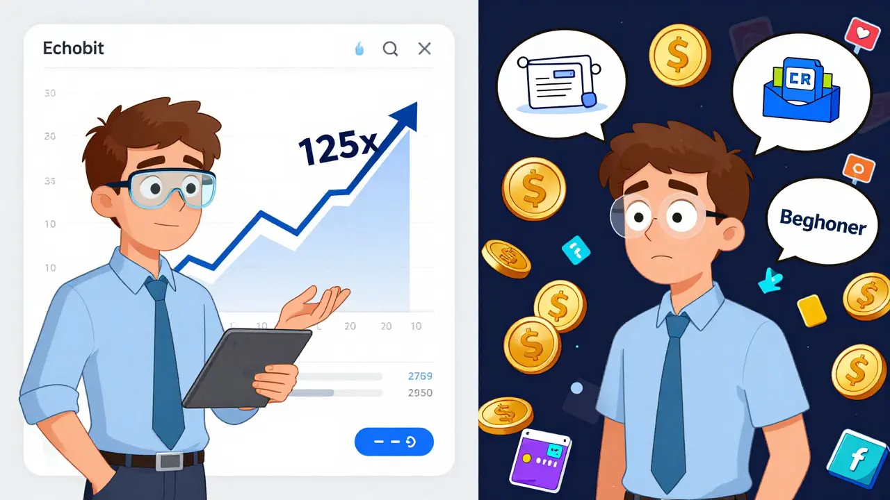A split scene showing a confident trader versus a confused beginner in front of Echobit and Coinbase interfaces.