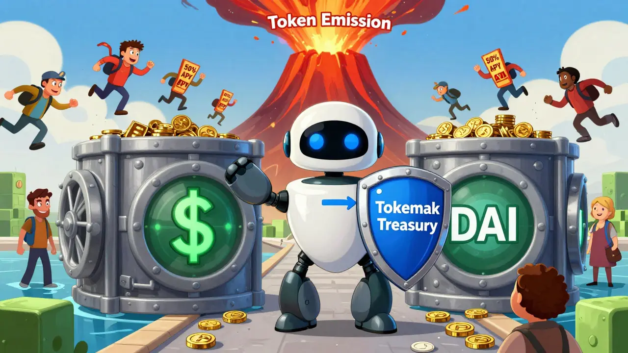 A sturdy protocol-owned liquidity robot protecting stablecoin vaults as chaotic LPs flee a collapsing token emission volcano.