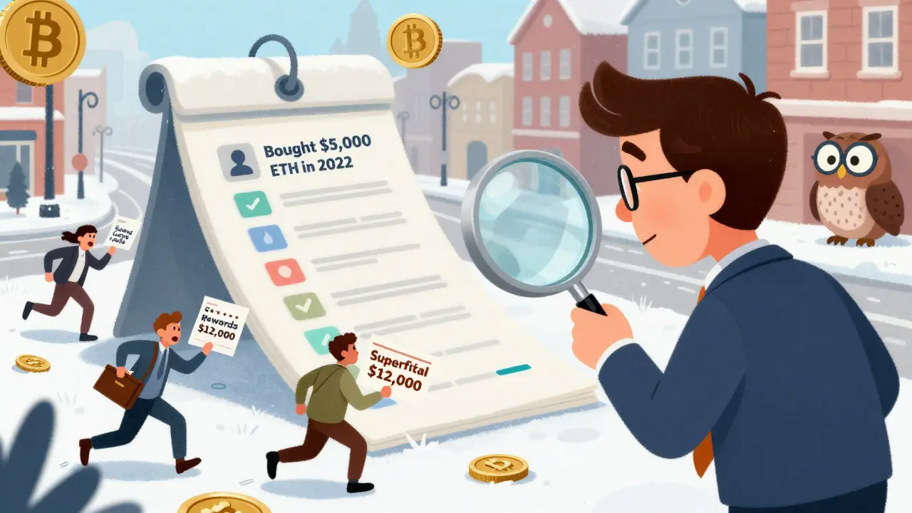 A tax auditor examining a blockchain ledger in a snowy Canadian street with traders reacting