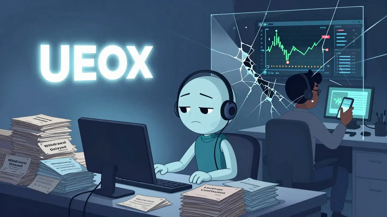 A tired customer service agent faces a mountain of unresolved tickets while a user panics over a crashing crypto chart.