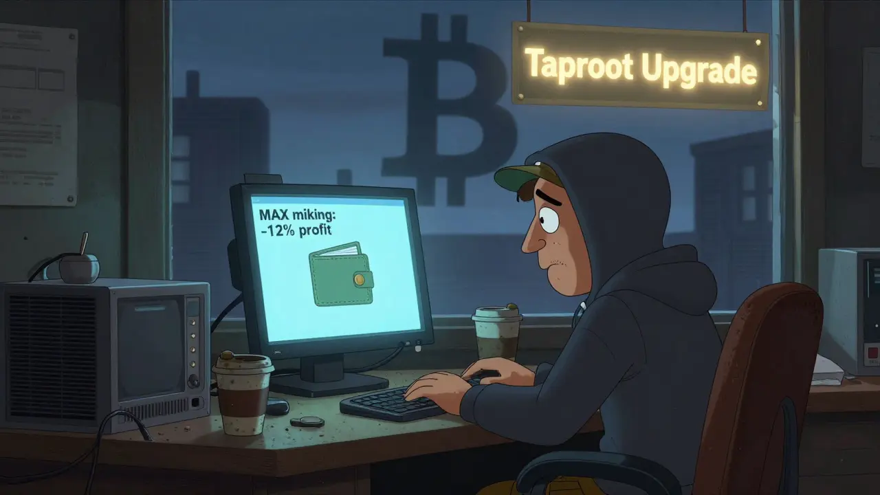 A tired miner staring at a loss notification on an old computer, with a looming Bitcoin banner outside.