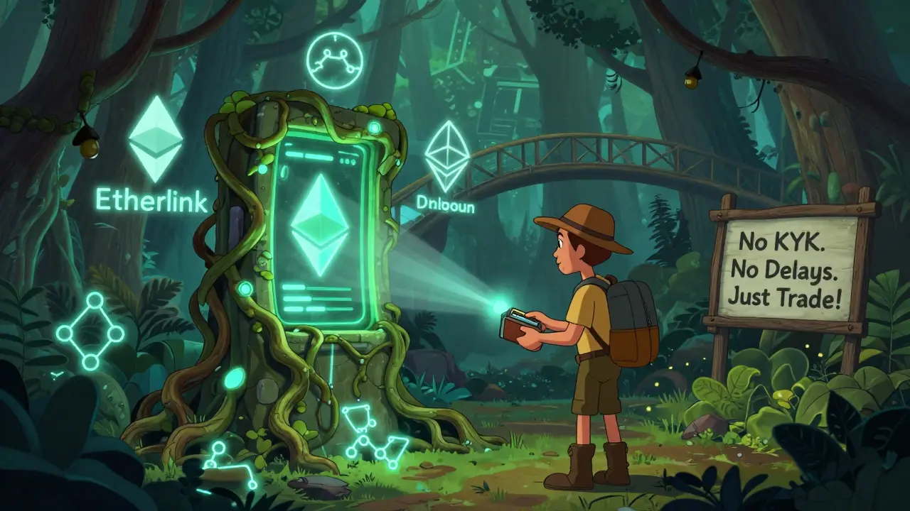 An adventurer connects a wallet to a vine-covered terminal in a mystical forest, with digital bridges from other blockchains glowing in the background.