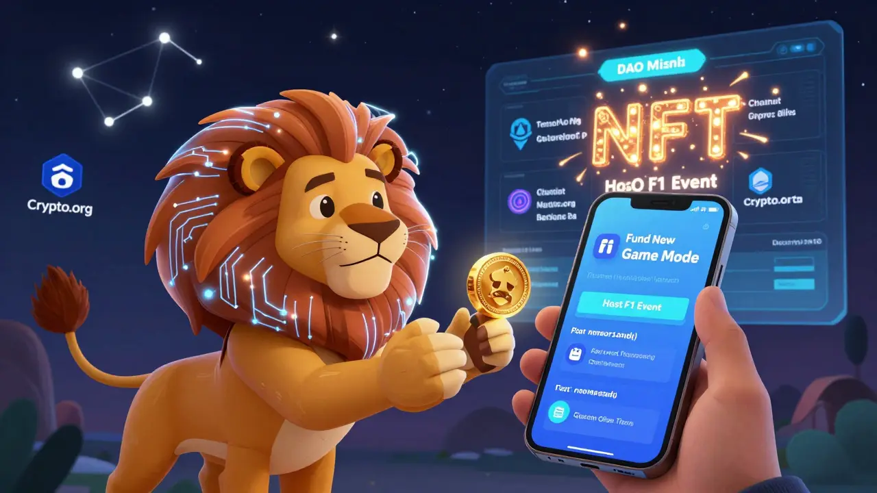 An AI lion agent interacts with a phone to claim rewards while a DAO voting screen glows in the background.