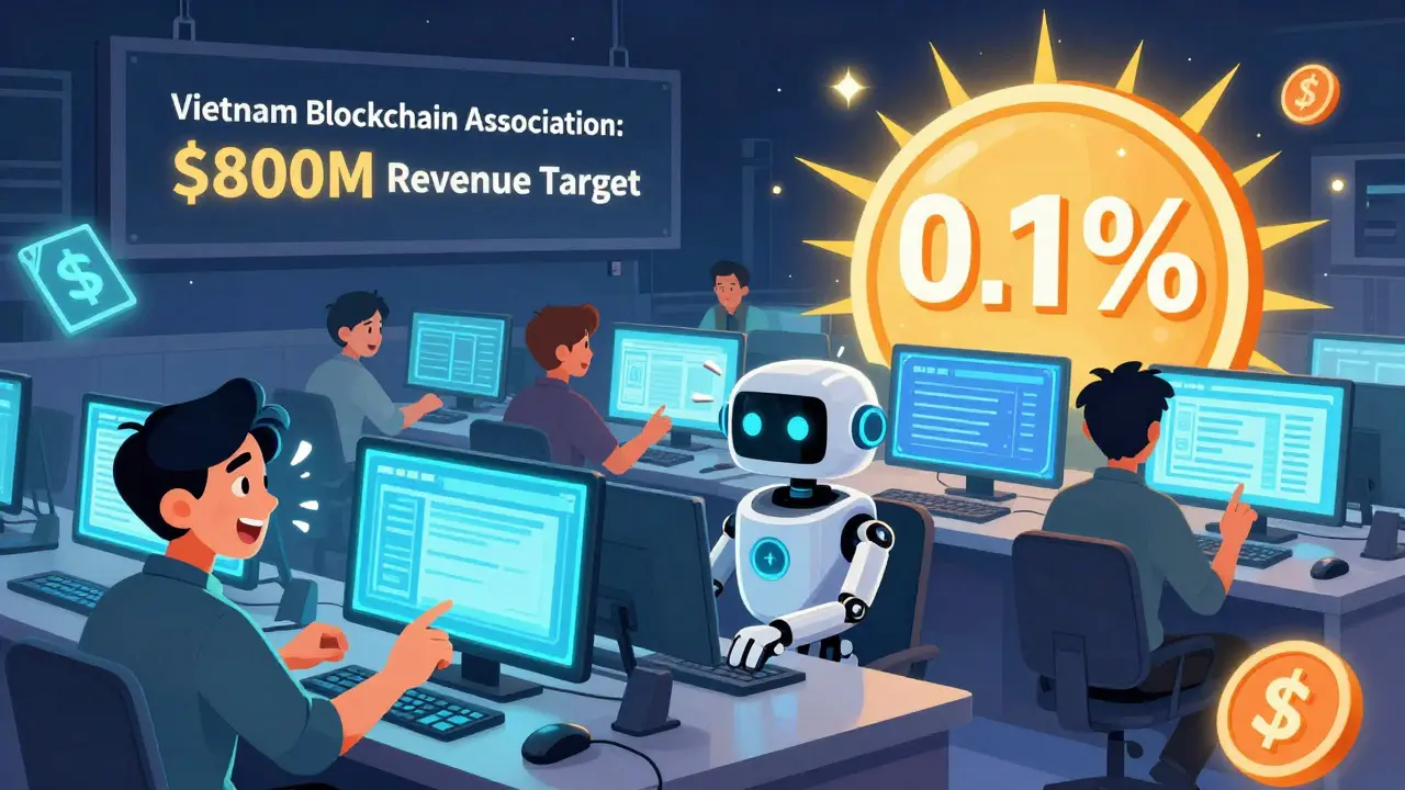 Animated traders in Hanoi frantically trade crypto as a giant 0.1% tax meter rises with every click, under a billboard showing 0M revenue target.